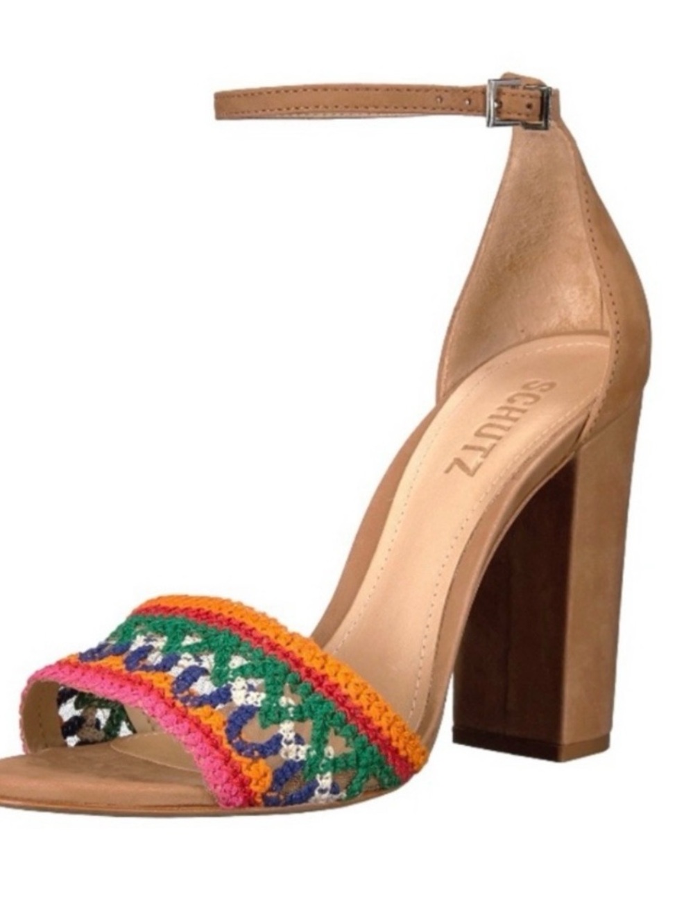 SCHUTZ Tan Block Heel Sandal with Multicolor Crochet Toe Strap